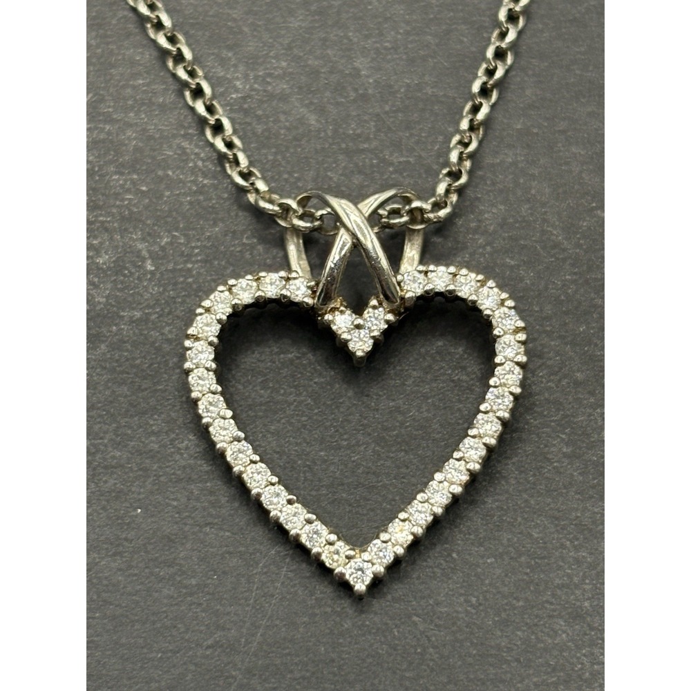 16" Sterling Silver Cubic Zirconia Heart Pendant Necklace 6.6 Grams H5